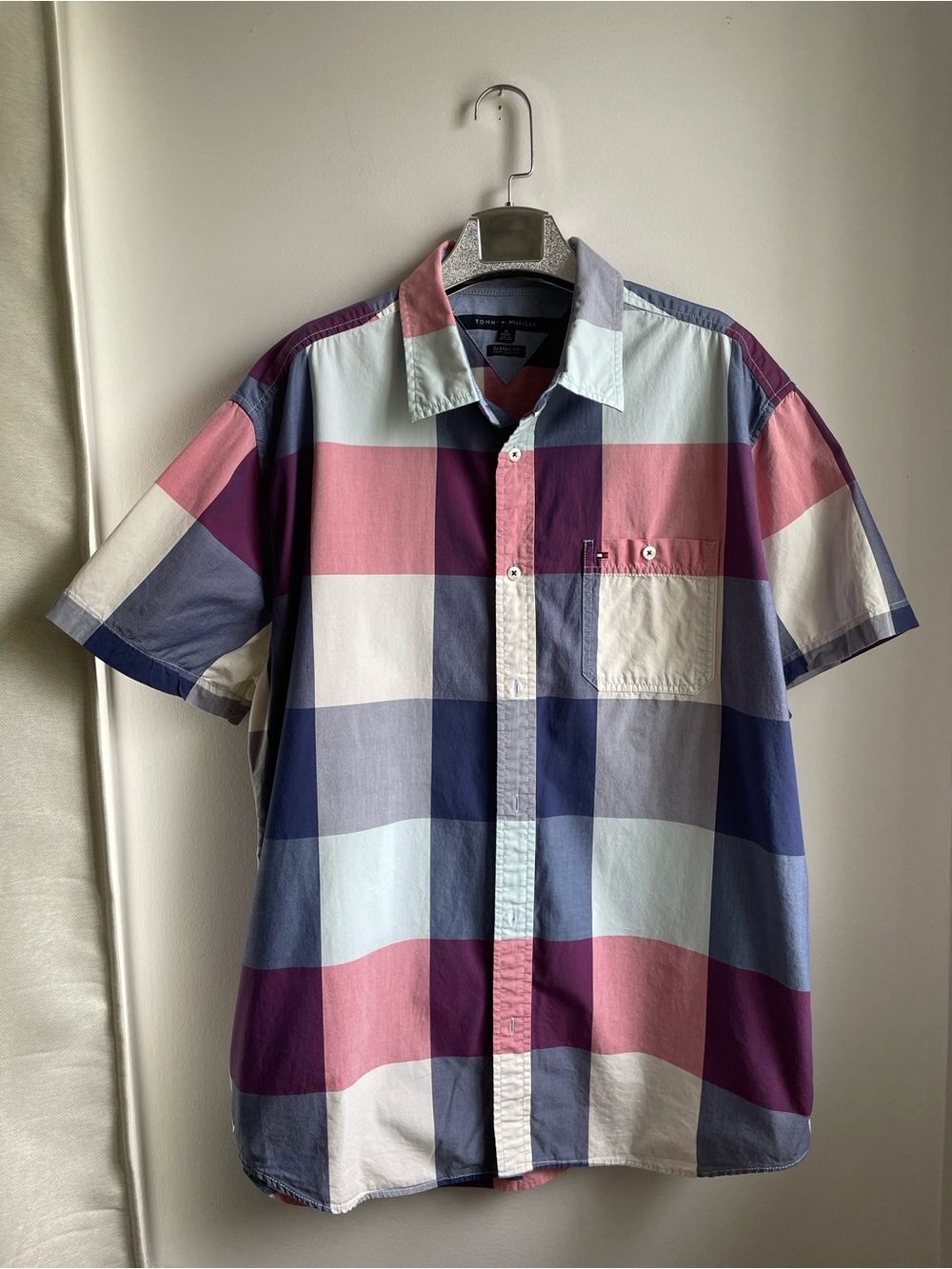 Tommy Hilfiger Men's Short-Sleeve Check Shirt - Pink, Blue & White-size XL